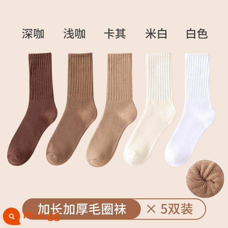 Vớ trắng với quần cá mập của phụ nữ giữa ống cotton nguyên chất mùa thu và mùa đông cộng với nhung dày mùa đông khăn lông vớ - [5 đôi] Cà phê đậm + cà phê nhạt + kaki + trắng nhạt + trắng