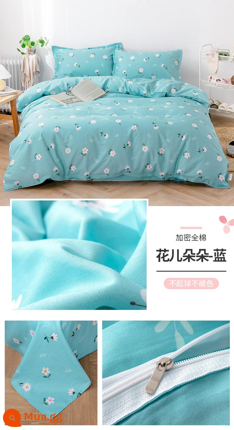 Ins gió bộ bốn món cotton nguyên chất 100 bộ đồ giường cotton mùa xuân và mùa hè ga trải giường được trang bị tấm vỏ chăn bộ 4 bộ ba món - Hoa - màu xanh (bông mã hóa)