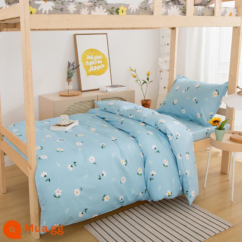 Ký túc xá giường đơn cotton nguyên chất 3 mảnh 100 ga trải giường cotton vỏ chăn 4 mảnh bộ ins gió chăn ga gối - Hoa nở - màu xanh