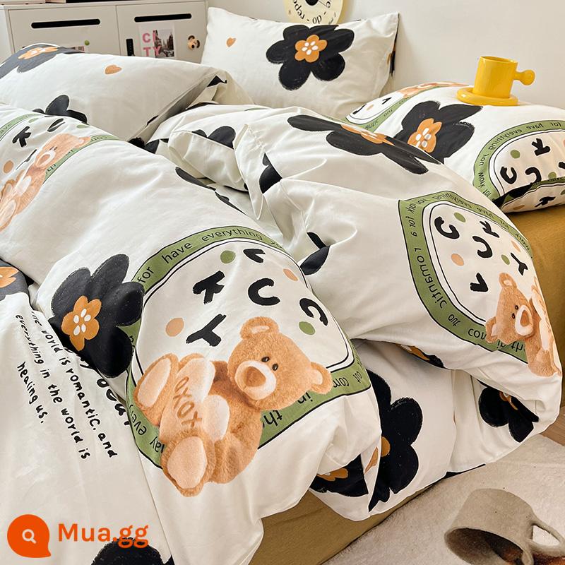 Ins Gió Hoạt Hình Bộ 4 Bộ Cotton Nguyên Chất 100 Cotton Ga Trải Giường Vỏ Chăn Lưới Chăn Ga Gối Màu Đỏ Ký Túc Xá 3 Mảnh Ga Giường - Hoa Gấu May Mắn