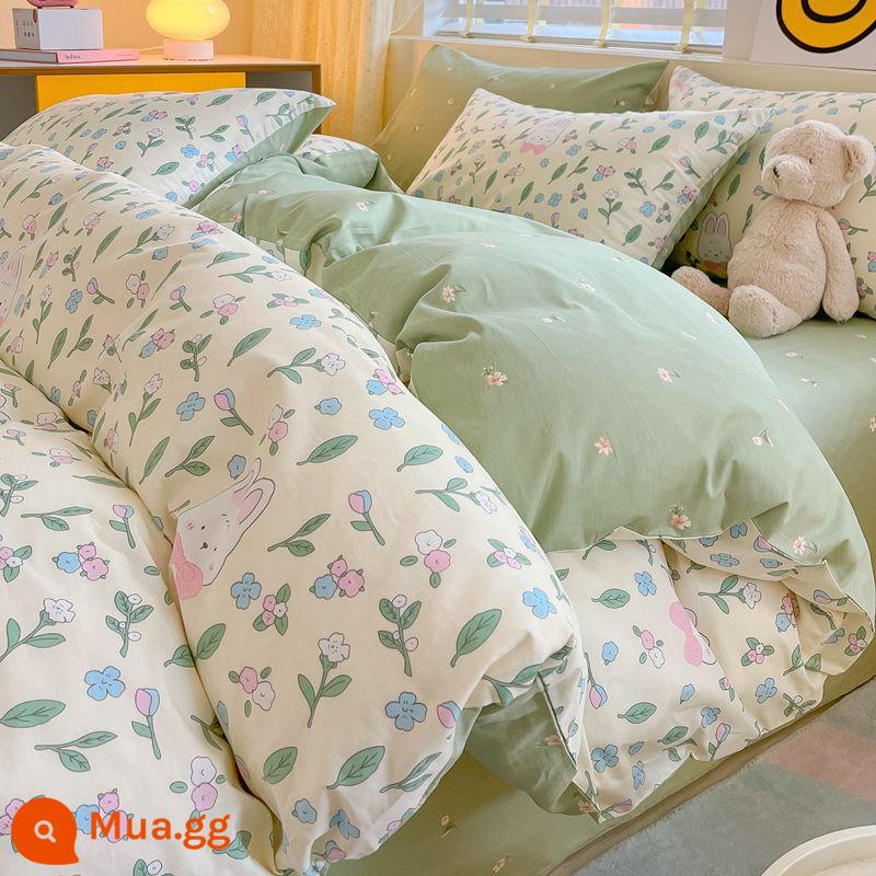 Ins Gió Hoạt Hình Bộ 4 Bộ Cotton Nguyên Chất 100 Cotton Ga Trải Giường Vỏ Chăn Lưới Chăn Ga Gối Màu Đỏ Ký Túc Xá 3 Mảnh Ga Giường - Hoa nở rộ ở Hong Kong