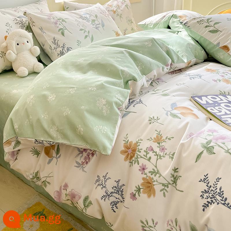 Ins phong cách nông thôn cotton nguyên chất 4 mảnh 100 cotton ga trải giường hoa chăn ga trải giường màu hồng ba mảnh được trang bị tấm - Thu Thạch