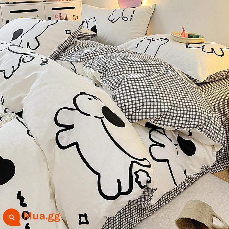 Ins Gió Hoạt Hình Bộ 4 Bộ Cotton Nguyên Chất 100 Cotton Ga Trải Giường Vỏ Chăn Lưới Chăn Ga Gối Màu Đỏ Ký Túc Xá 3 Mảnh Ga Giường - Con chó con hạnh phúc