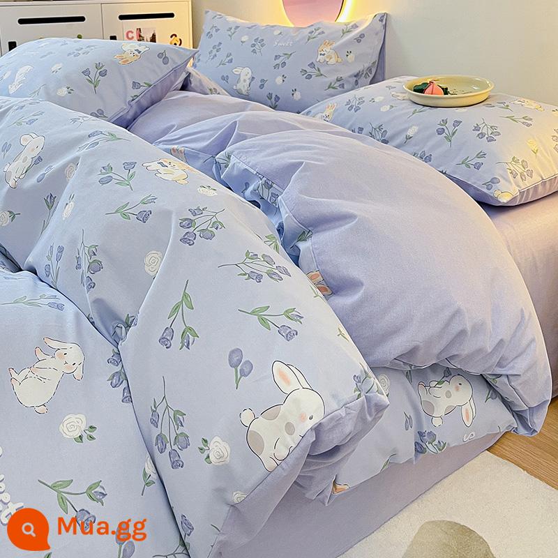 Ins Gió Hoạt Hình Bộ 4 Bộ Cotton Nguyên Chất 100 Cotton Ga Trải Giường Vỏ Chăn Lưới Chăn Ga Gối Màu Đỏ Ký Túc Xá 3 Mảnh Ga Giường - màu xanh ngọt ngào