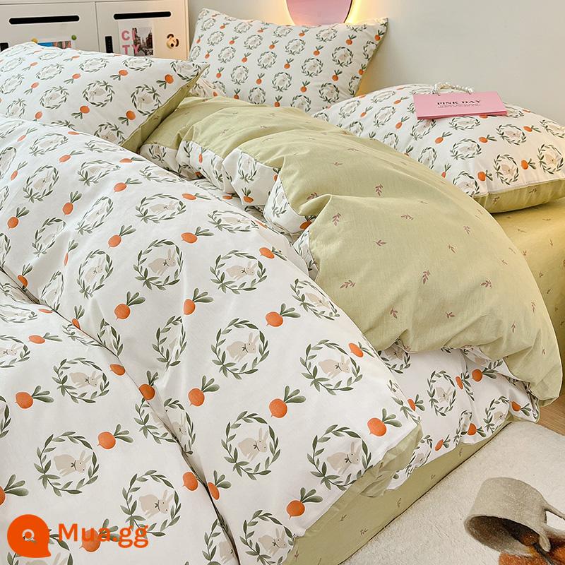 Ins Gió Hoạt Hình Bộ 4 Bộ Cotton Nguyên Chất 100 Cotton Ga Trải Giường Vỏ Chăn Lưới Chăn Ga Gối Màu Đỏ Ký Túc Xá 3 Mảnh Ga Giường - Thỏ đồng quê