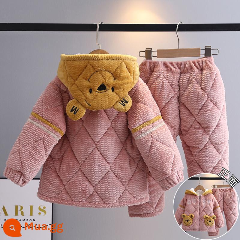 Trẻ Em Bộ Đồ Ngủ Mùa Đông Dày Plus Nhung Plus Cotton Nỉ Hoạt Hình Có Mũ Trùm Đầu Bé Trai Nhà Quần Áo Nỉ San Hô Phù Hợp Với Mùa Đông - H18-Dây Kéo Gấu COZY Màu Hồng