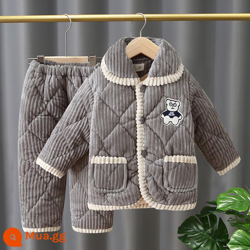 Bộ đồ ngủ trẻ em mùa đông flannel cotton dày 3 lớp phù hợp với bé trai và bé gái san hô trang phục mặc nhà - H326-Gấu sọc dọc kính xám