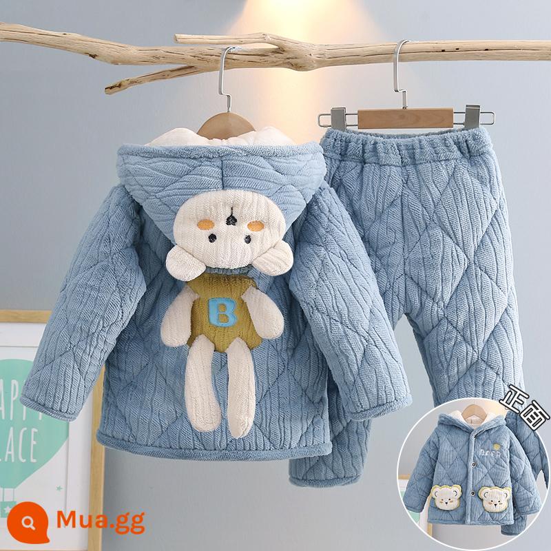 Trẻ Em Bộ Đồ Ngủ Mùa Đông Dày Plus Nhung Plus Cotton Nỉ Hoạt Hình Có Mũ Trùm Đầu Bé Trai Nhà Quần Áo Nỉ San Hô Phù Hợp Với Mùa Đông - H183-Gấu xanh nhạt dễ thương