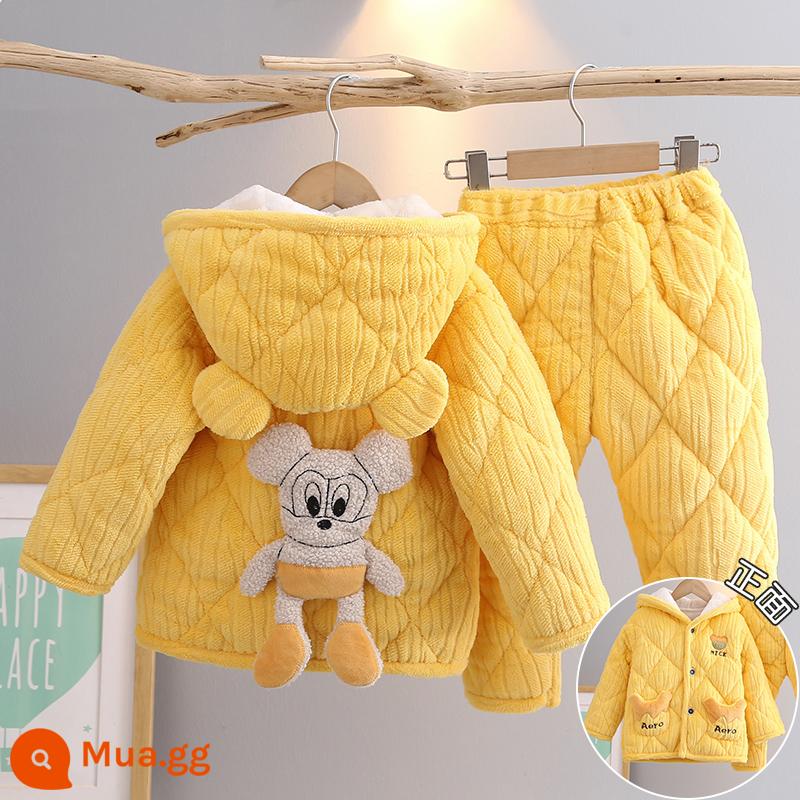 Trẻ Em Bộ Đồ Ngủ Mùa Đông Dày Plus Nhung Plus Cotton Nỉ Hoạt Hình Có Mũ Trùm Đầu Bé Trai Nhà Quần Áo Nỉ San Hô Phù Hợp Với Mùa Đông - H187-Mũ lẻ màu vàng