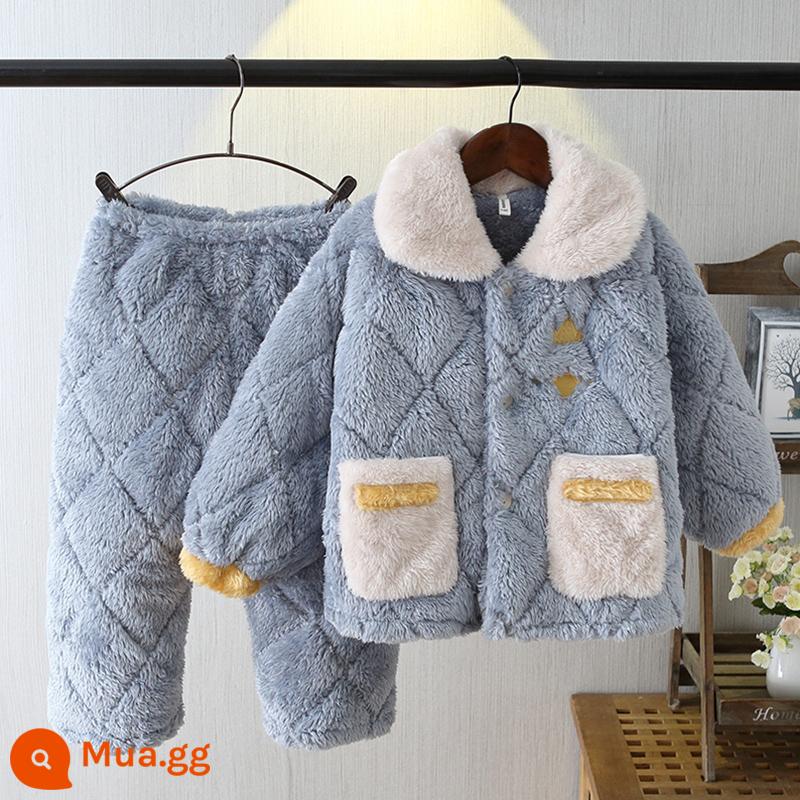 Bộ đồ ngủ trẻ em mùa đông 3 lớp dày chần bông flannel phù hợp với bé gái san hô trang mới bé trai nhà quần áo - H231-Tóc dài vương miện màu xám