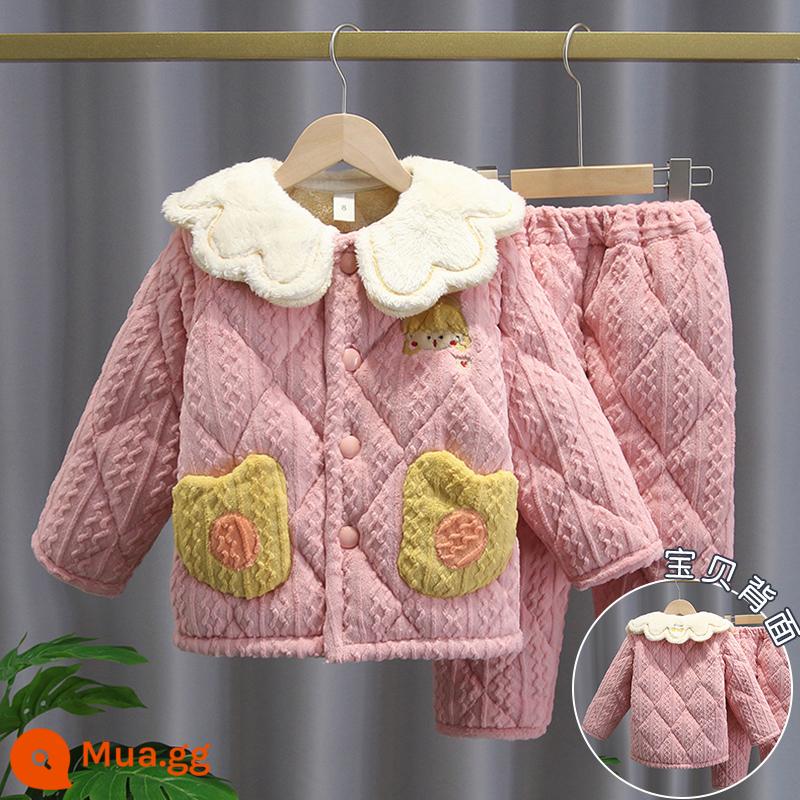 Trẻ Em Bộ Đồ Ngủ Mùa Đông Dày Plus Nhung Plus Cotton Nỉ Hoạt Hình Có Mũ Trùm Đầu Bé Trai Nhà Quần Áo Nỉ San Hô Phù Hợp Với Mùa Đông - H109-nơ thêu cổ hồng