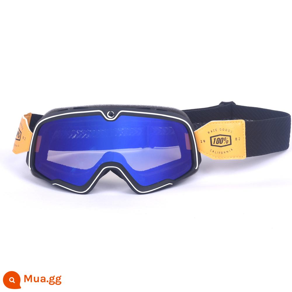 100% kính xe máy Harley retro chống gió cát kính xe máy off-road cưỡi mũ bảo hiểm 3/4 kính - Gọng Đen Ống Kính Màu Xanh-Đai Đen Kính Thay Thế Miễn Phí Tròng Kính Trong