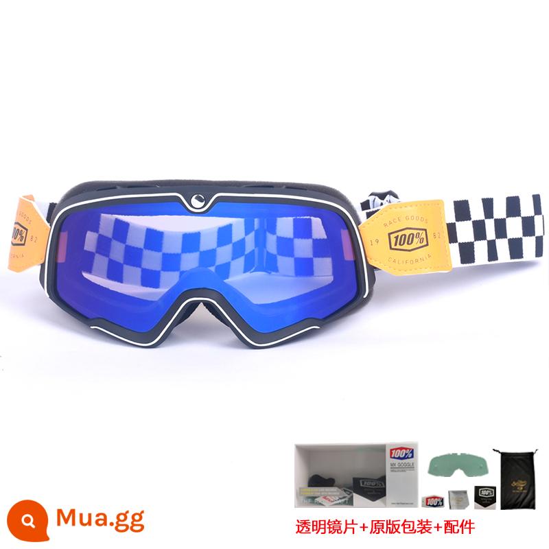 100% kính xe máy Harley retro chống gió cát kính xe máy off-road cưỡi mũ bảo hiểm 3/4 kính - Phim xanh gọng đen - băng kẻ caro (gửi ống kính trong suốt + bao bì gốc)