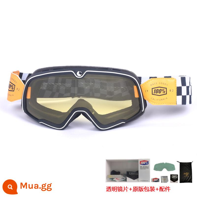 100% kính xe máy Harley retro chống gió cát kính xe máy off-road cưỡi mũ bảo hiểm 3/4 kính - Phim vàng khung đen - băng kẻ caro (gửi ống kính trong suốt + bao bì gốc)