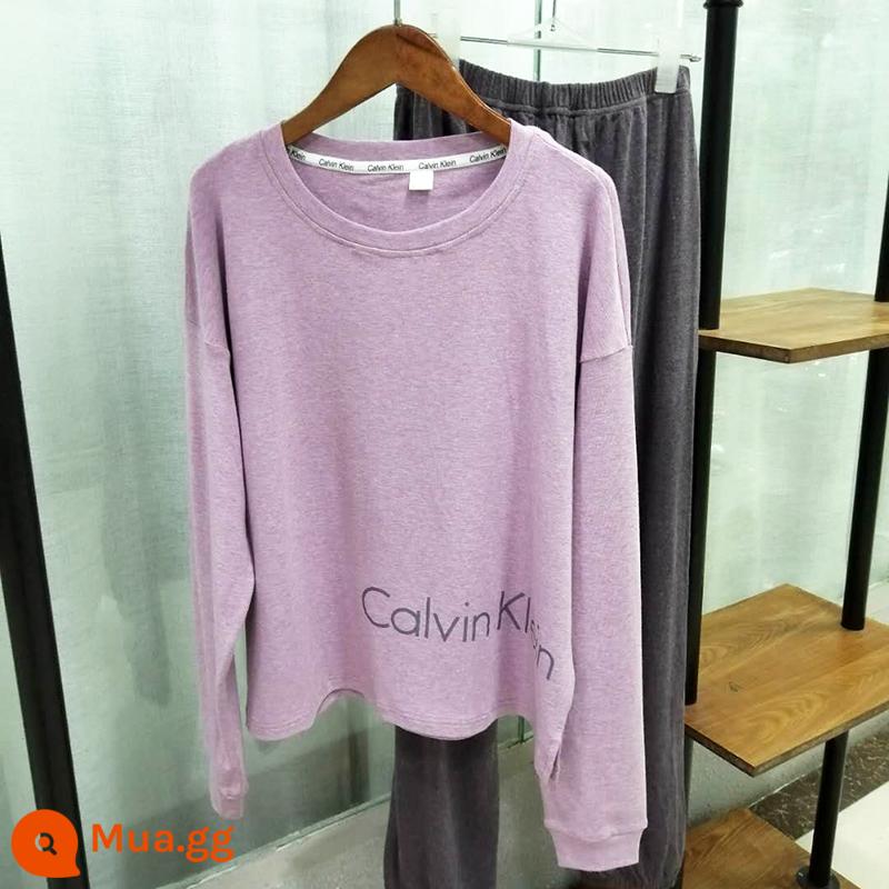 Mùa thu và mùa đông New Nữ Loose bình thường thư hàng đầu+quần hai chiếc phù hợp với màu cotton da thoải mái và da nhà - tím nhạt