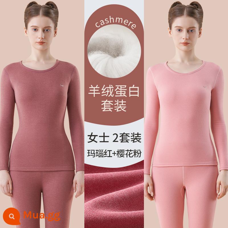 Catman Lụa Cashmere Làm Nóng Quần Áo Nữ Dày Plus Quần Lót Nhung Mặc Quần Áo Mùa Thu Bộ Quần Vệ Sinh Mùa Đông Đáy Áo Sơ Mi - Mã não đỏ + hồng hoa anh đào