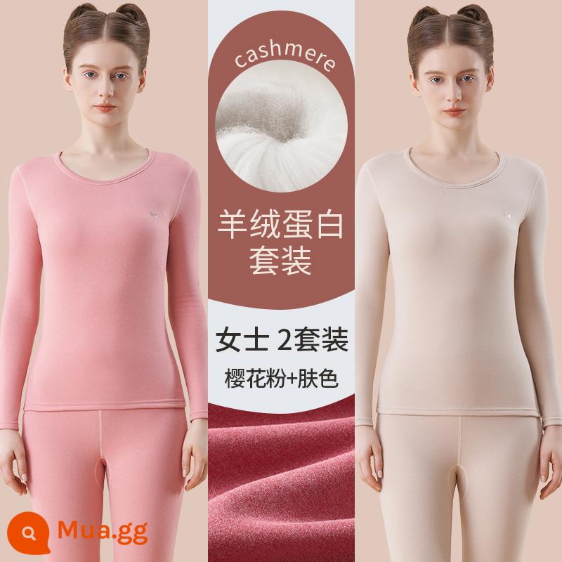 Catman Lụa Cashmere Làm Nóng Quần Áo Nữ Dày Plus Quần Lót Nhung Mặc Quần Áo Mùa Thu Bộ Quần Vệ Sinh Mùa Đông Đáy Áo Sơ Mi - Màu hồng + màu da Sakura