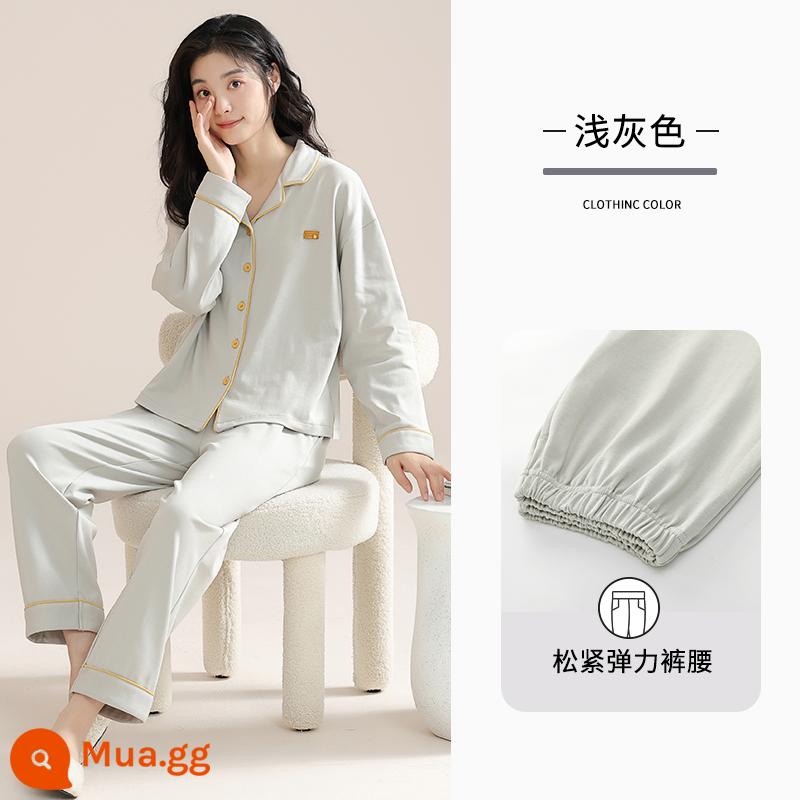 Bộ đồ ngủ Catman dành cho nữ mùa xuân và mùa thu cotton nguyên chất dài tay 2023 mùa đông mới kích thước lớn màu trơn mặc nhà mặc bộ - Xám nhạt [100% cotton] [Công chúa vui lòng đặt hàng]