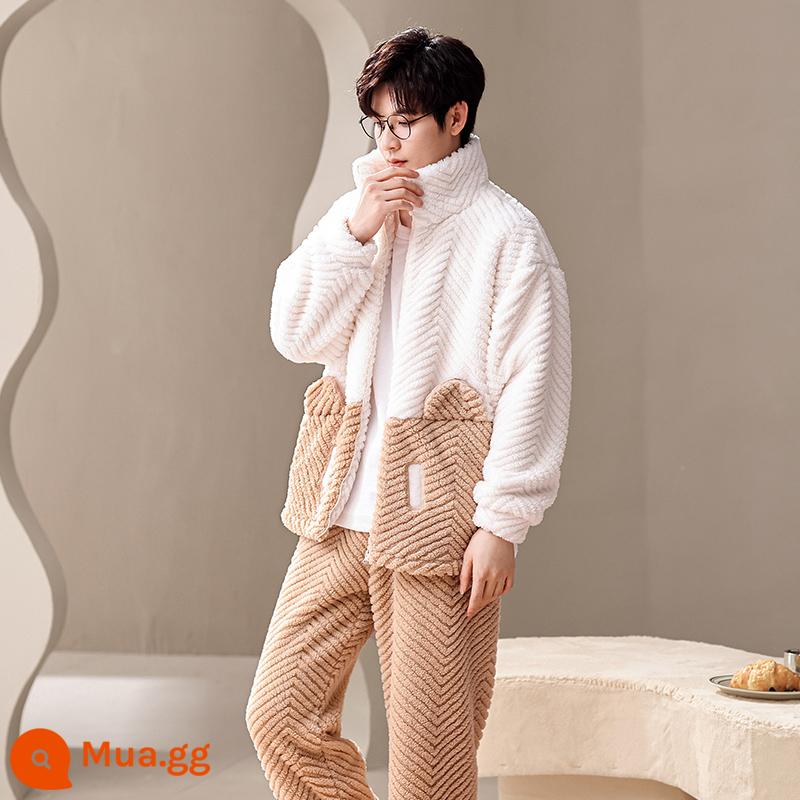 Pyjama pyjamas nam san hô mùa đông san hô dày Velvet ấm áp có thể mặc quần áo nhà sang trọng của nam giới dài - 238208W Khaki Mai [Jacquard Nhung]