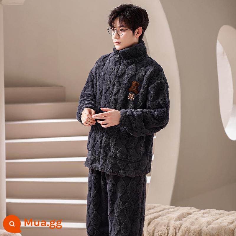 Pyjama pyjamas nam san hô mùa đông san hô dày Velvet ấm áp có thể mặc quần áo nhà sang trọng của nam giới dài - 238248W than đen [nhung nhung]