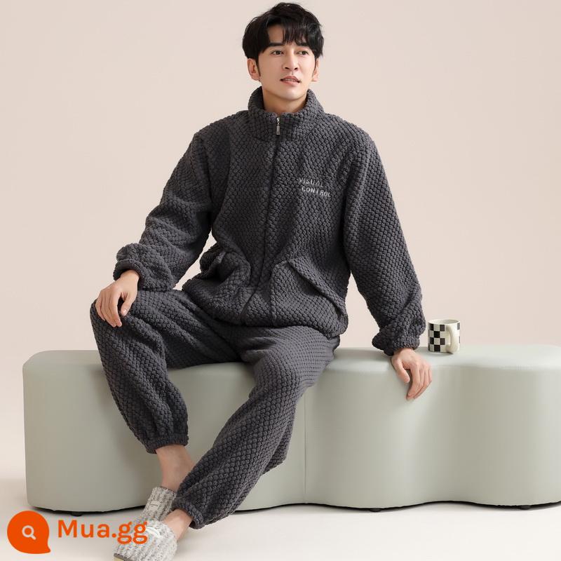 Pyjama pyjamas nam san hô mùa đông san hô dày Velvet ấm áp có thể mặc quần áo nhà sang trọng của nam giới dài - 238498W xám đậm [nhung dứa]