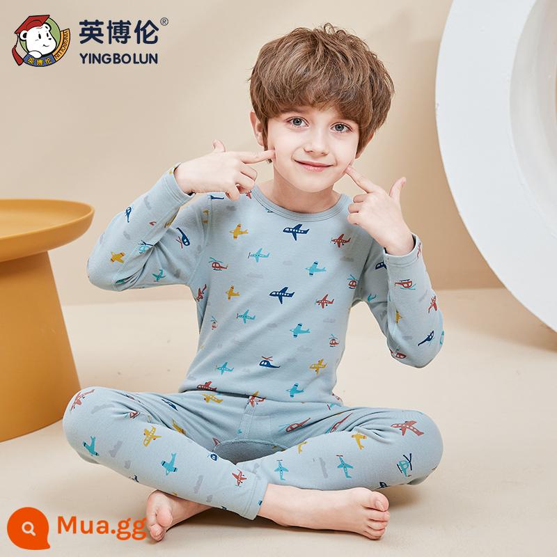 Bộ quần áo thu đông và quần vệ sinh bé trai Inbolun Bộ đồ lót cotton ấm áp nguyên chất cho bé Bộ đồ ngủ Bộ đồ ngủ cotton mùa thu đông cho bé từ trung cấp trở lên - 85004 xanh xám