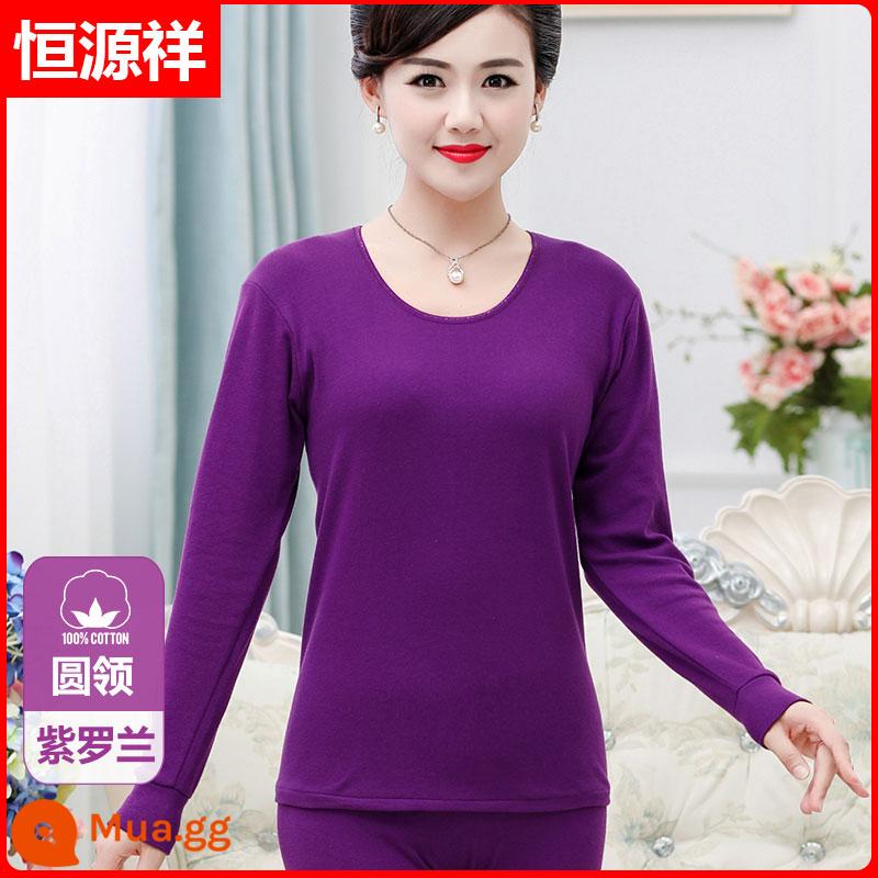 Quần áo mùa thu và quần vệ sinh của bố Hengyuanxiang Bộ quần áo cotton nguyên chất cho nam quần áo sưởi ấm cho người trung niên và người cao tuổi Áo len cotton cao cổ cho nữ - Nữ [Bộ Đơn] Cổ Tròn Màu Tím