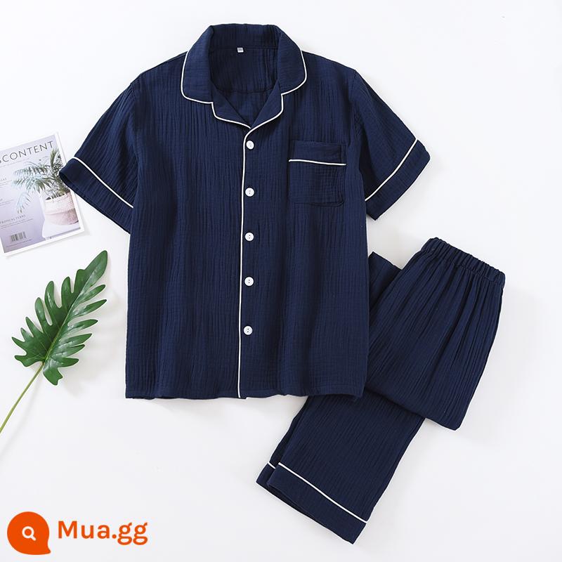 Bộ đồ ngủ nam mùa hè cotton mỏng mùa xuân và mùa thu cotton gạc dài tay màu trơn lỏng phù hợp với dịch vụ tại nhà trung niên và người già - Xanh navy [tay ngắn + quần dài]