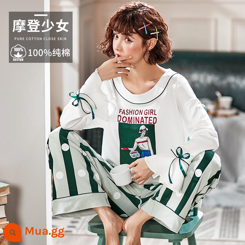 Pyjama Women Spring and Autumn vĩnh viễn cotton cotton cotton dài tay 2022 Kích thước lớn mới trong mùa đông có thể mặc bộ đồ quần áo nhà - cô gái hiện đại