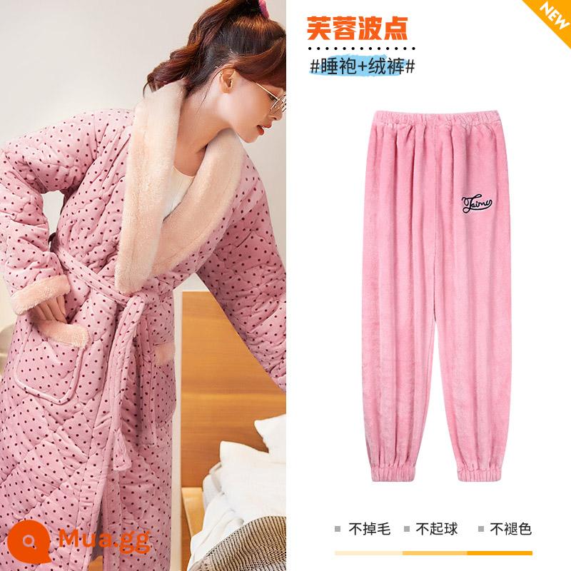 Mùa thu và mùa đông ba -layer cotton cotton pyjama phụ nữ san hô san hô dày nhung phiên bản dài của bộ đồ ngủ mũ trùm đầu mặc bộ quần áo nhà - Dâm bụt chấm bi [kiểu váy ngủ + quần nhung]