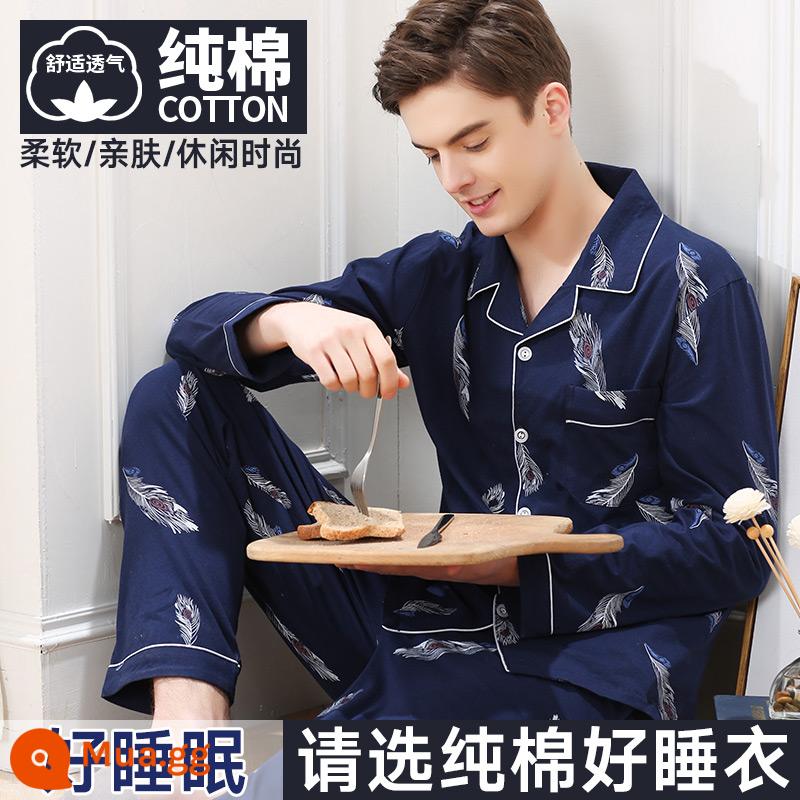 Nanjiren Bộ Đồ Ngủ Nam Nam Xuân Thu Cotton Dài Tay Homewear Nam Thu Đông Bộ Đồ Mỏng - Lông chim màu xanh hải quân