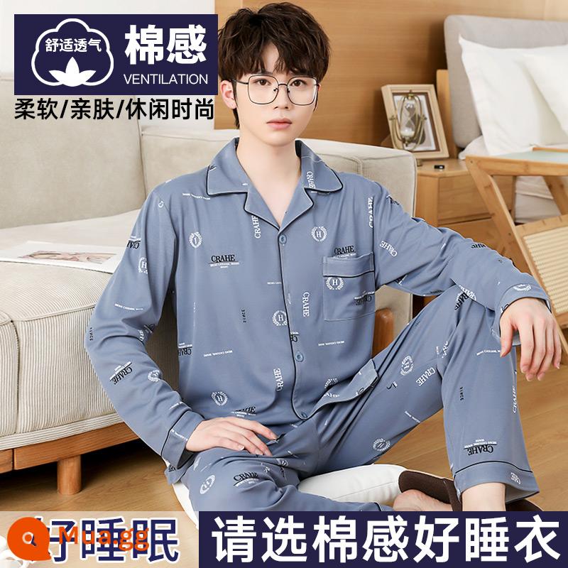 Nanjiren Bộ Đồ Ngủ Nam Nam Xuân Thu Cotton Dài Tay Homewear Nam Thu Đông Bộ Đồ Mỏng - [Phong cách bông] Blue Dream Jade Yan