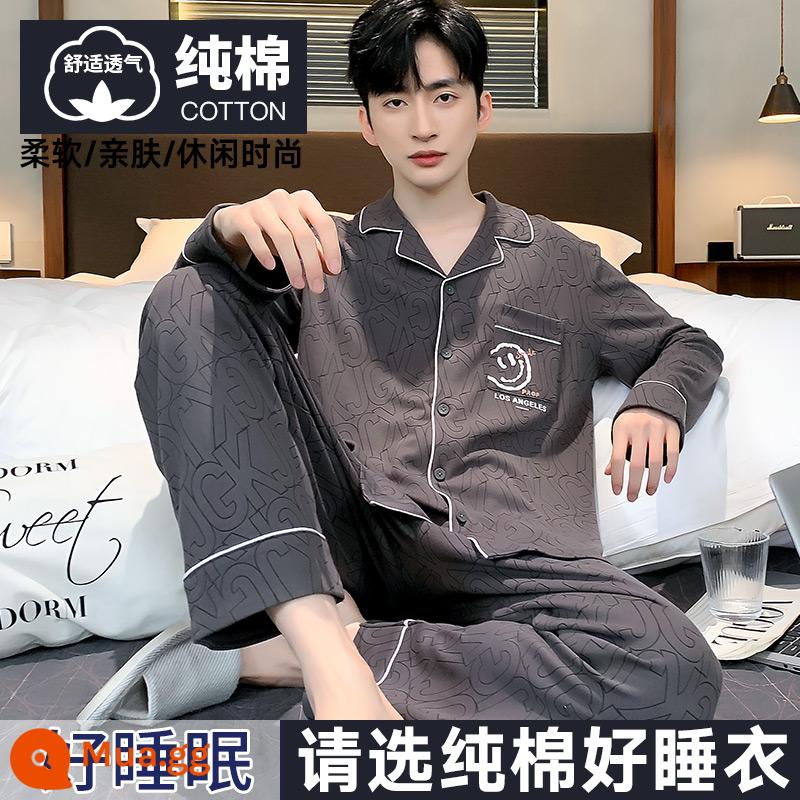 Nanjiren Bộ Đồ Ngủ Nam Nam Xuân Thu Cotton Dài Tay Homewear Nam Thu Đông Bộ Đồ Mỏng - Quý ông cà phê xám