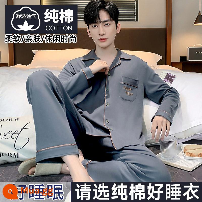 Nanjiren Bộ Đồ Ngủ Nam Nam Xuân Thu Cotton Dài Tay Homewear Nam Thu Đông Bộ Đồ Mỏng - Vần xám buổi sáng và buổi tối