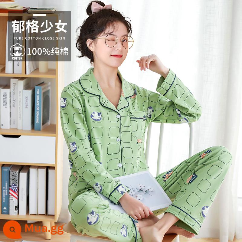 Pyjama Women Spring and Autumn vĩnh viễn cotton cotton cotton dài tay 2022 Kích thước lớn mới trong mùa đông có thể mặc bộ đồ quần áo nhà - cô gái chán nản