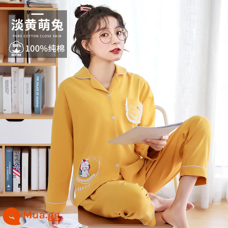 Pyjama Women Spring and Autumn vĩnh viễn cotton cotton cotton dài tay 2022 Kích thước lớn mới trong mùa đông có thể mặc bộ đồ quần áo nhà - Thỏ dễ thương màu vàng nhạt