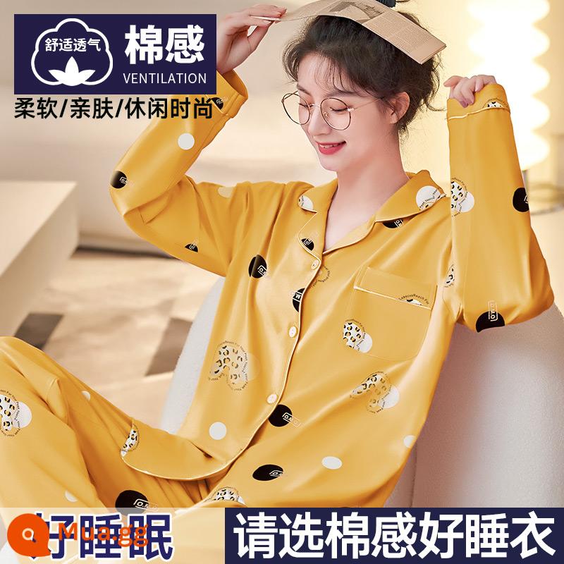 Pyjama Women Spring and Autumn vĩnh viễn cotton cotton cotton dài tay 2022 Kích thước lớn mới trong mùa đông có thể mặc bộ đồ quần áo nhà - [Phong cách cotton] Màu vàng chanh mùa hè nhẹ nhàng