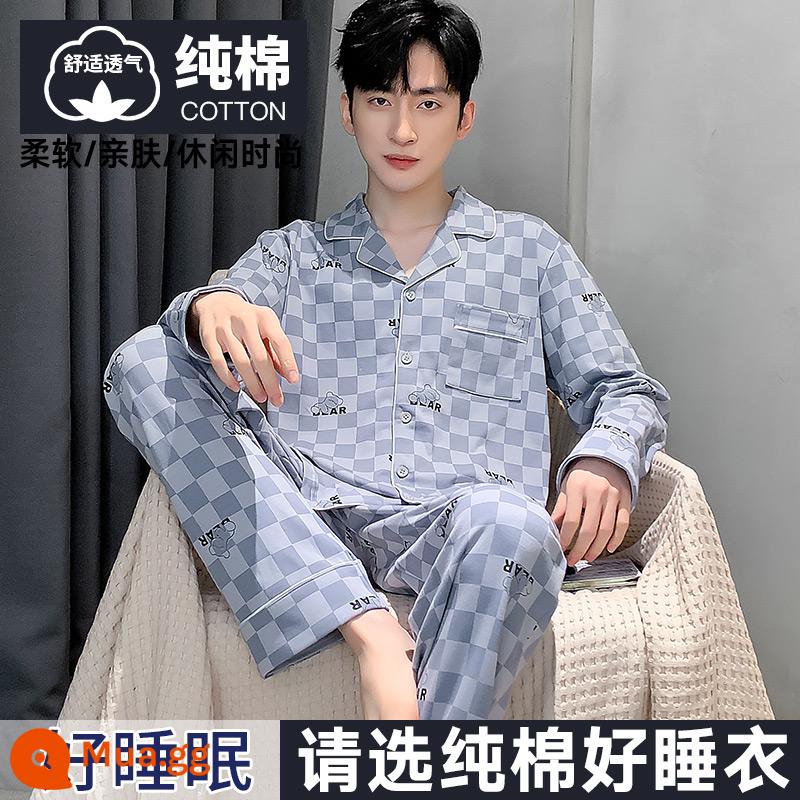 Nanjiren Bộ Đồ Ngủ Nam Nam Xuân Thu Cotton Dài Tay Homewear Nam Thu Đông Bộ Đồ Mỏng - Tông màu xám kẻ sọc