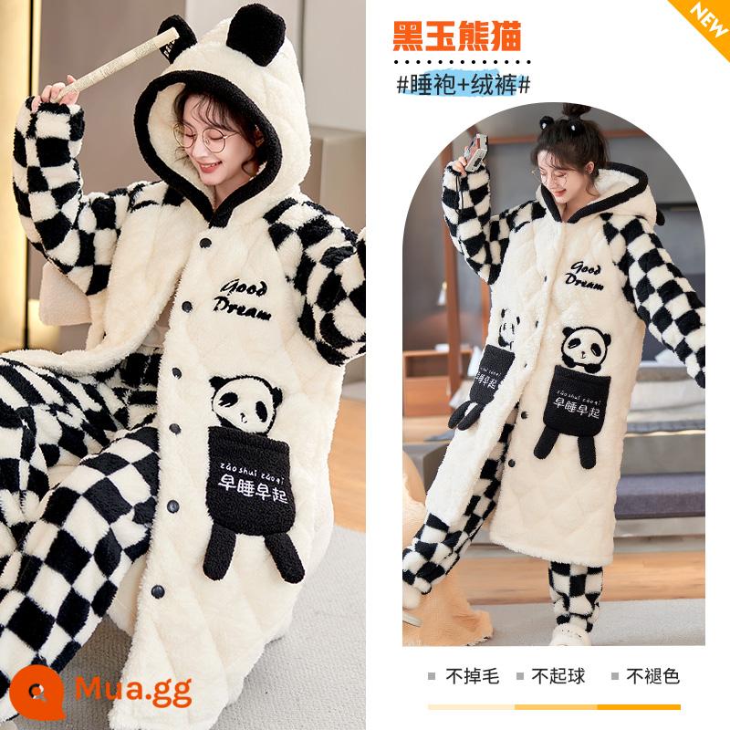 Mùa thu và mùa đông ba -layer cotton cotton pyjama phụ nữ san hô san hô dày nhung phiên bản dài của bộ đồ ngủ mũ trùm đầu mặc bộ quần áo nhà - Black Jade Panda [váy ngủ + quần nhung]