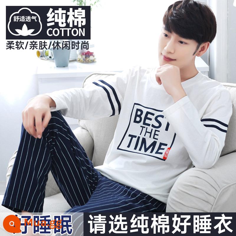 Nanjiren Bộ Đồ Ngủ Nam Nam Xuân Thu Cotton Dài Tay Homewear Nam Thu Đông Bộ Đồ Mỏng - vạch trắng lộ ra