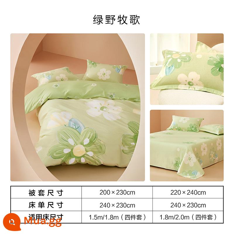 Giường Bellis Bộ 4 Cotton Nguyên Chất 100 Tờ Vỏ Chăn Vỏ Chăn Trang Bị Tấm Bộ Chăn Ga giường Đôi - Green Field Pastoral (100% cotton + 40S cao cấp và mật độ cao + không dễ phai màu)