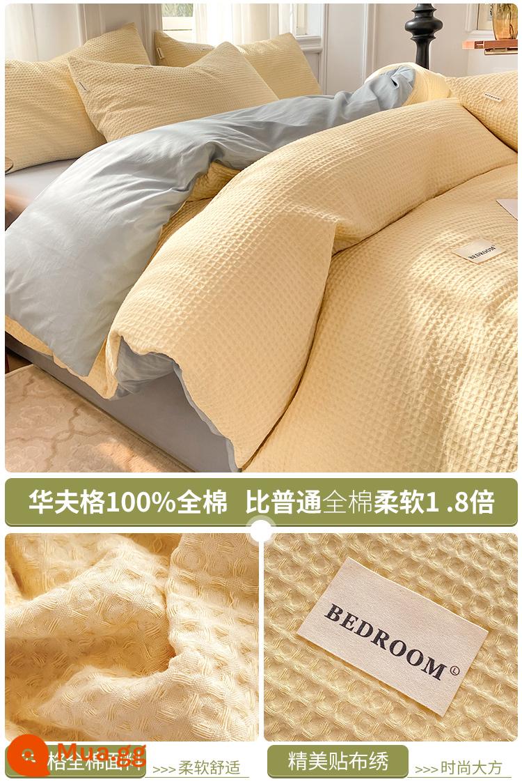 Giường bông Waffle 4 món 100 cotton chăn ga trải giường ký túc xá sinh viên khỏa thân ngủ chăn ga gối 3 món 4 - Màu xanh sữa vàng [100% cotton, thích hợp để ngủ khỏa thân]