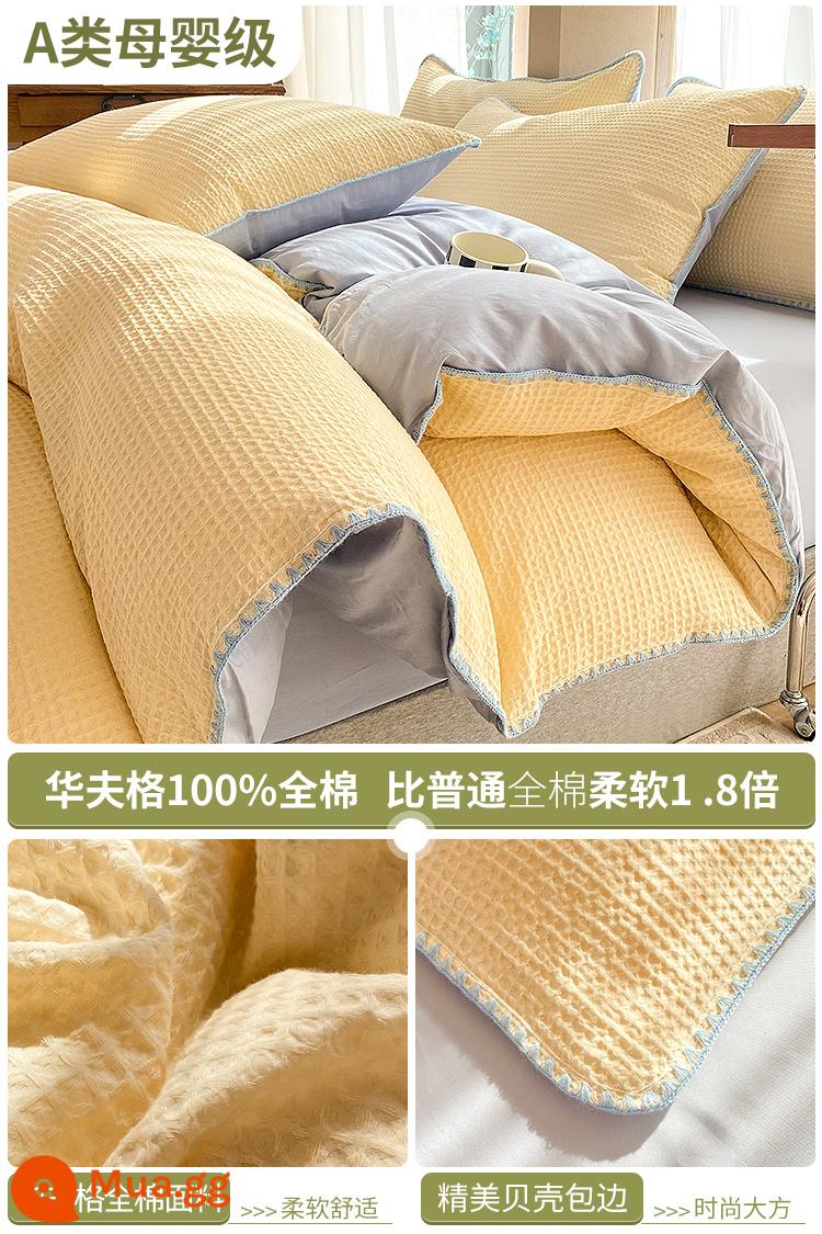 Giường bông Waffle 4 món 100 cotton chăn ga trải giường ký túc xá sinh viên khỏa thân ngủ chăn ga gối 3 món 4 - Viền vỏ nâng cấp màu xanh kem [100% cotton, thích hợp khi ngủ khỏa thân]