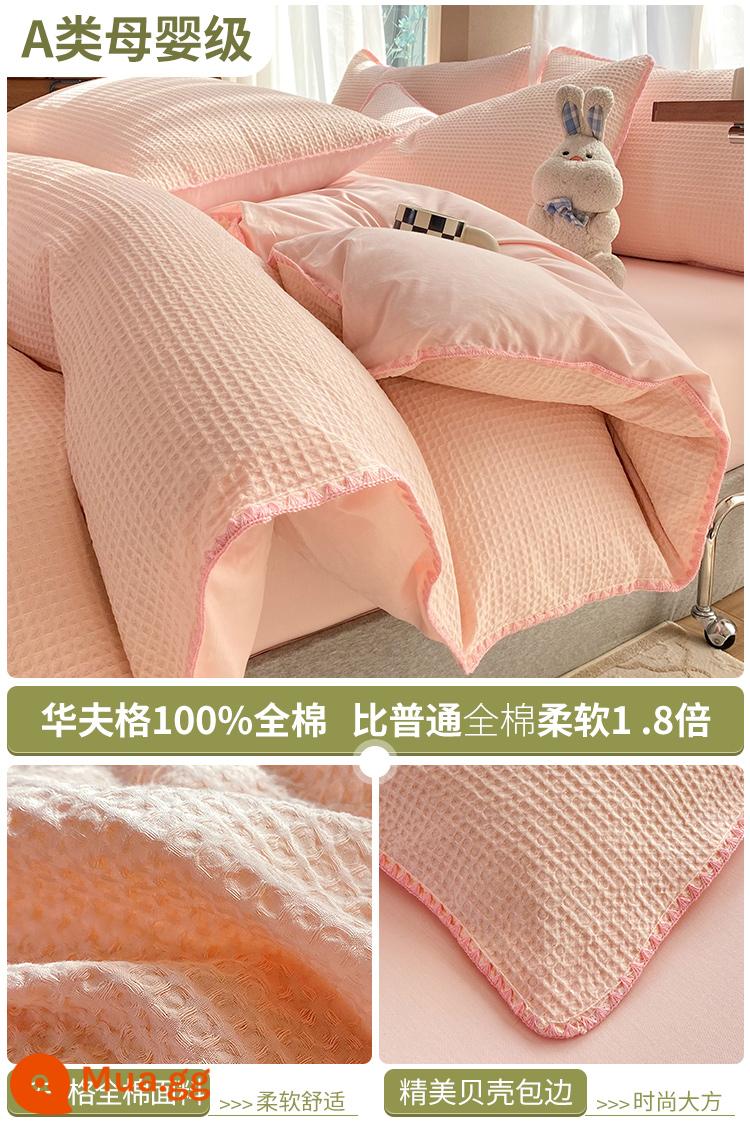 Giường bông Waffle 4 món 100 cotton chăn ga trải giường ký túc xá sinh viên khỏa thân ngủ chăn ga gối 3 món 4 - Viền vỏ được nâng cấp - bột ngọc dịu dàng [100% cotton, thích hợp khi ngủ khỏa thân]