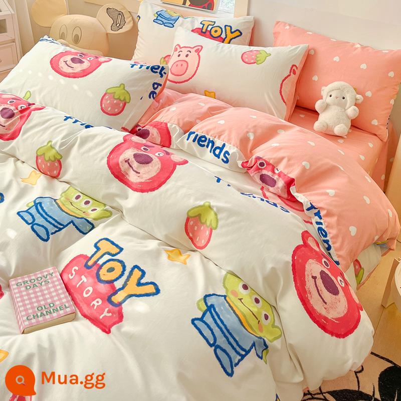 Disney Cotton Vỏ Chăn Đơn 100 Bông Nguyên Chất Chăn Ga 150X200X230 Ký Túc Xá Đơn Vỏ Chăn 3 Bộ - Gấu bông dâu dễ thương