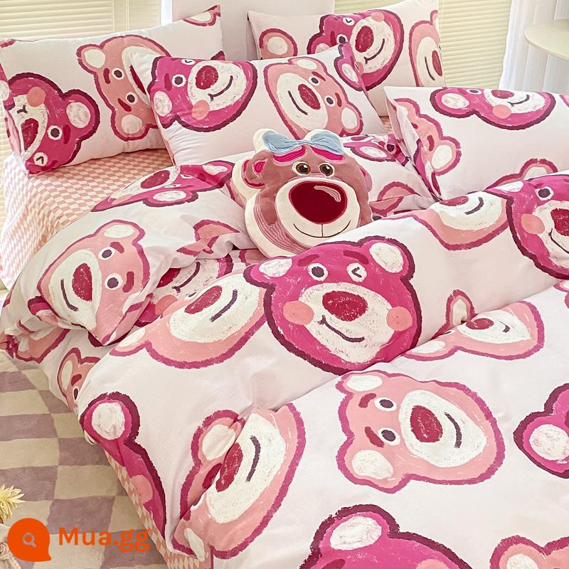 Disney Cotton Vỏ Chăn Đơn 100 Bông Nguyên Chất Chăn Ga 150X200X230 Ký Túc Xá Đơn Vỏ Chăn 3 Bộ - Gấu bông cười dâu