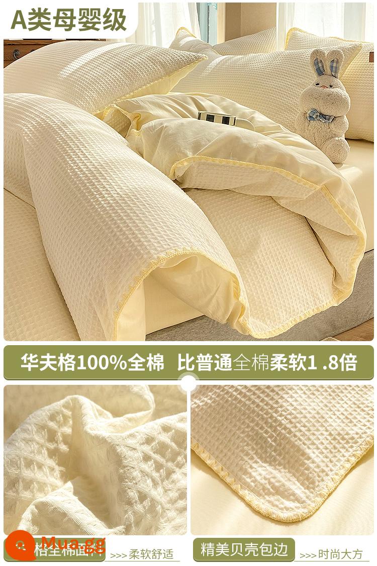 Giường bông Waffle 4 món 100 cotton chăn ga trải giường ký túc xá sinh viên khỏa thân ngủ chăn ga gối 3 món 4 - Vỏ nâng cấp màu trắng ngọc trai [100% cotton, thích hợp khi ngủ khỏa thân]