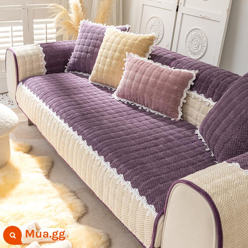 Sofa Vải Đệm Bốn Mùa Đa Năng Chống Trơn Trượt Bắc Âu Đơn Giản Dày Đệm Mùa Đông Sang Trọng Vỏ Bảo Vệ Khăn - Lời ngọt ngào-Tím