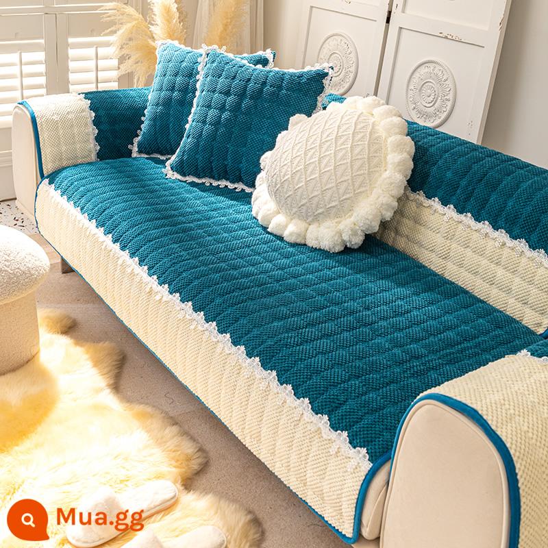 Sofa Vải Đệm Bốn Mùa Đa Năng Chống Trơn Trượt Bắc Âu Đơn Giản Dày Đệm Mùa Đông Sang Trọng Vỏ Bảo Vệ Khăn - Lời ngọt ngào - xanh đậm