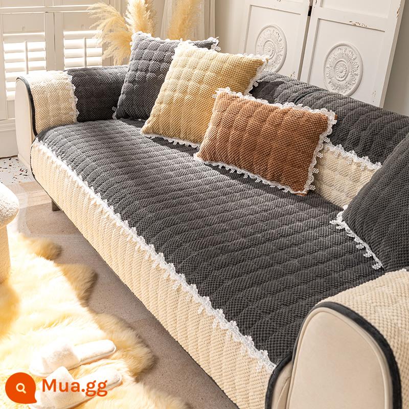 Sofa Vải Đệm Bốn Mùa Đa Năng Chống Trơn Trượt Bắc Âu Đơn Giản Dày Đệm Mùa Đông Sang Trọng Vỏ Bảo Vệ Khăn - Lời ngọt ngào-màu xám đen